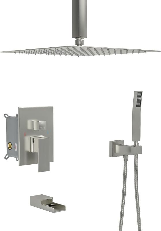 Photo 1 of **UNKNOWN MISSING PIECES** Lordear 12 Inch Shower Faucet Set Ceiling Mounted Shower System Brushed Nickel Finish Stainless Steel Shower Head and Handheld, Waterfall Faucet and Brass Main Body Shower Valve
