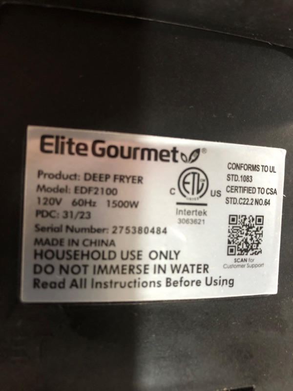 Photo 1 of Elite Gourmet EDF2100 Electric Immersion Deep Fryer Removable Basket Adjustable Temperature, Lid with Viewing Window and Odor Free Filter, 2 Quart / 8.2 cup