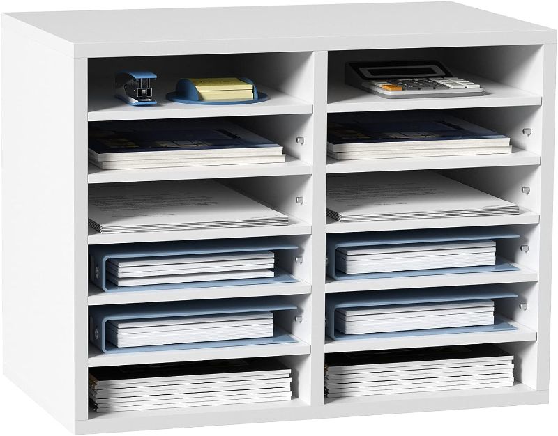 Photo 1 of VEVOR Literature Organizers, 12 Compartments Office Mailbox with Adjustable Shelves, Wood Literature Sorter 20.4x12x16.1 inches for Office, Home, Classroom, Mailrooms Organization, EPA Certified White White 12 Compartments