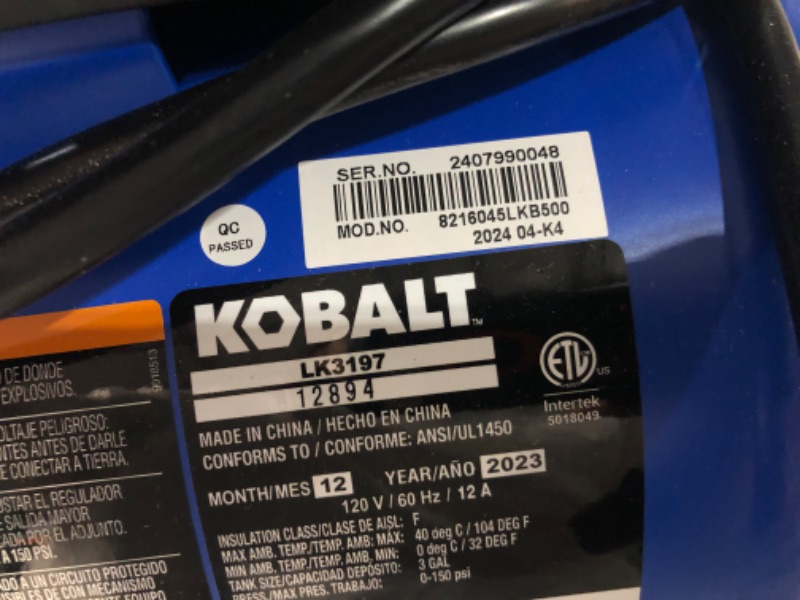 Photo 3 of Kobalt 3-Gallon Portable 150-PSI Electric Hot Dog Air Compressor