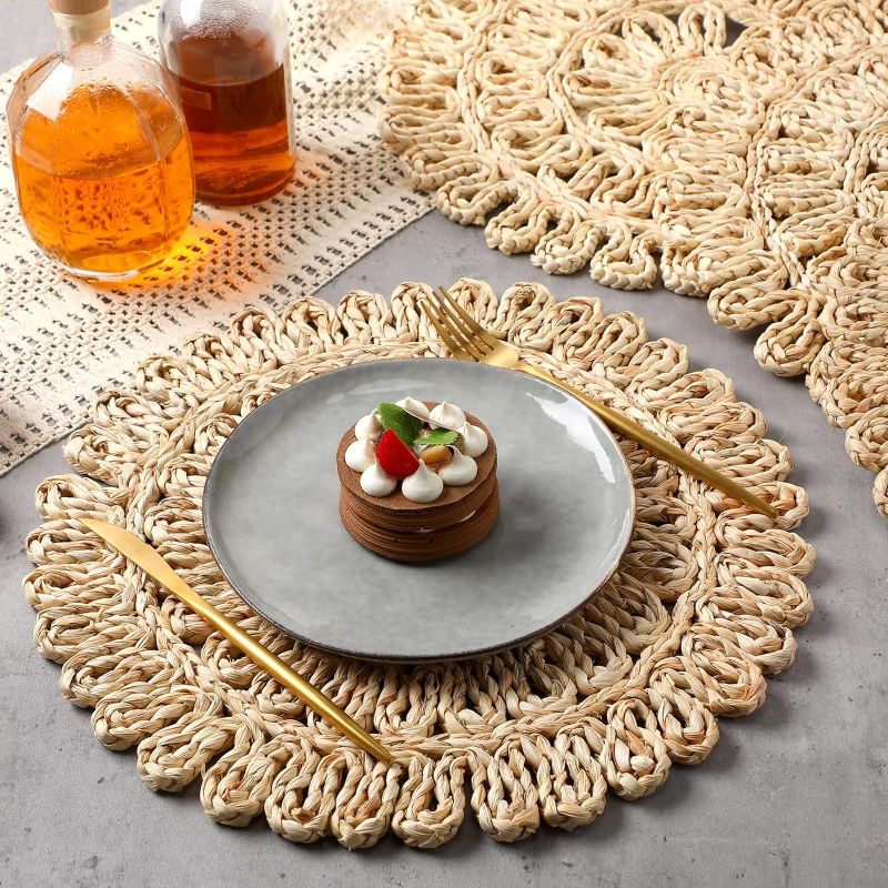 Photo 1 of 2Pcs 13.7 Inch Round Woven Placemats Large Rattan Chargers Wicker Boho Placemats Natural Braided Table Mats Corn Husk Place Mats Charger Plates decor for CELEBRATIONS (Classic)
