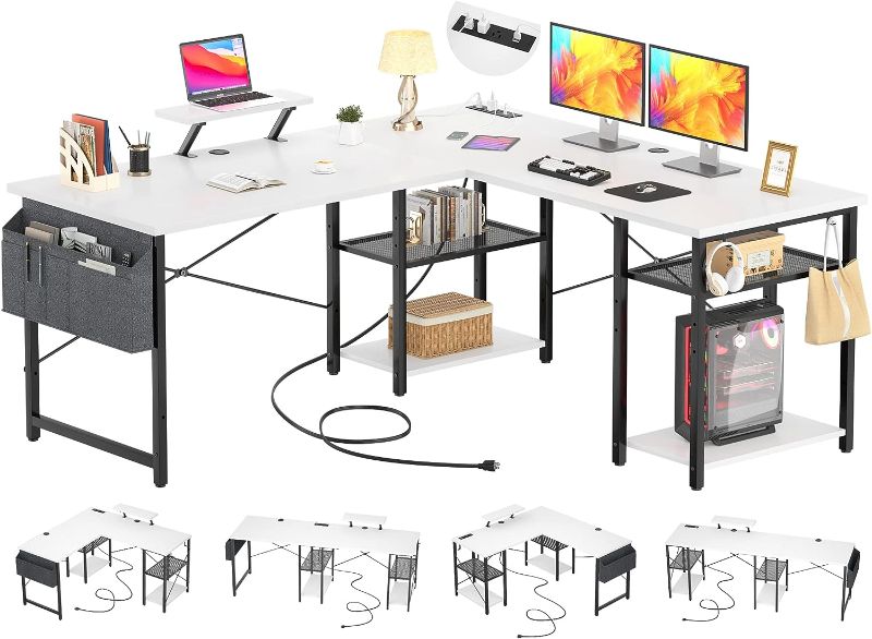 Photo 1 of Aheaplus L Shaped Desk with Outlet and USB Charging Ports, L-Shaped Desk with Storage Shelves Reversible Corner Computer Desk 2 Person Long Table with Monitor Stand Gaming Home Office Desk, White
