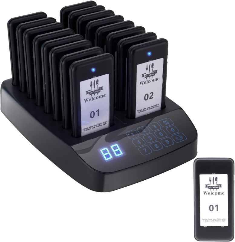 Photo 1 of YYCALLING Restaurant Pager System,Beepers Wireless Calling System 16 Guest Pagers,Buzzers Social Distancing, 98 Chanels with Vibration, Flashing and Buzzer for Food Truck, Restaurant, Food Court
