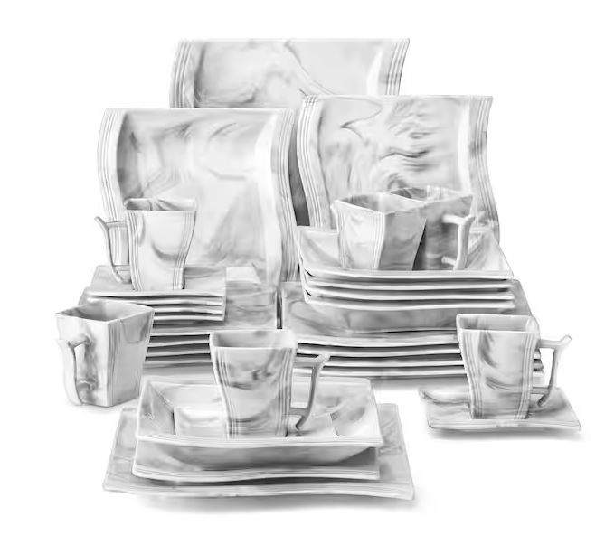 Photo 1 of Flora 30-Piece Marble Gray Porcelain Dinnerware Set with Dinner Plates, Cup and Saucer Set (Service for 6)
