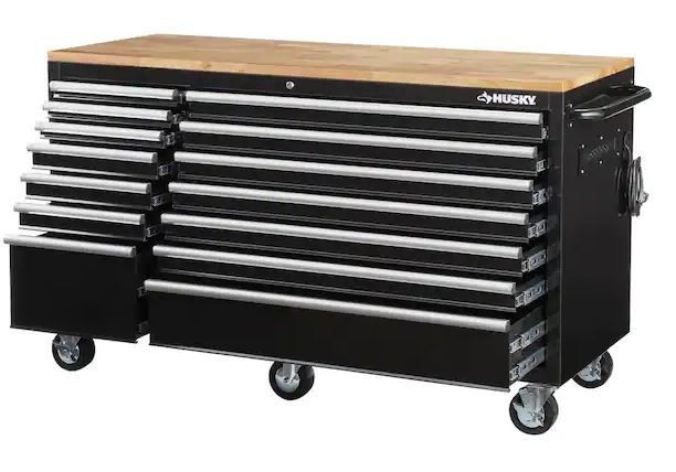 Photo 1 of 62 in. W x 24 in. D Standard Duty 14-Drawer Mobile Workbench Cabinet Tool Chest with Solid Wood Top in Gloss Black
