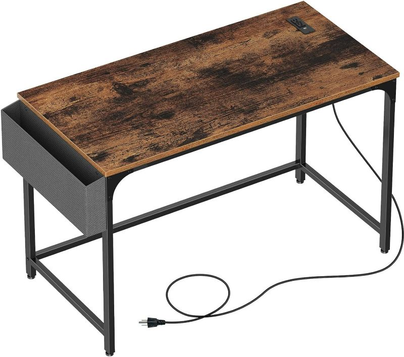 Photo 1 of Computer Desk with Power Outlet, Home Office PC Desk with USB Ports Charging Station, 47" Desktop Table with Side Storage Bag and Iron Hooks, Stable Metal Frame Workstation, Rustic Brown