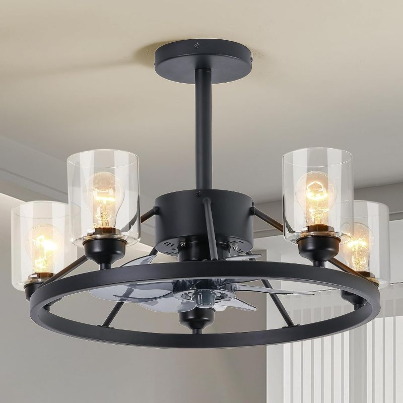 Photo 1 of Ceiling Fans with Lights - 24 inch Chandelier Fan with Light Black, Farmhouse Rustic Ceiling Fan Light Fixture with Remote, 7 Blades Quiet Reversible, Glass Lampshade