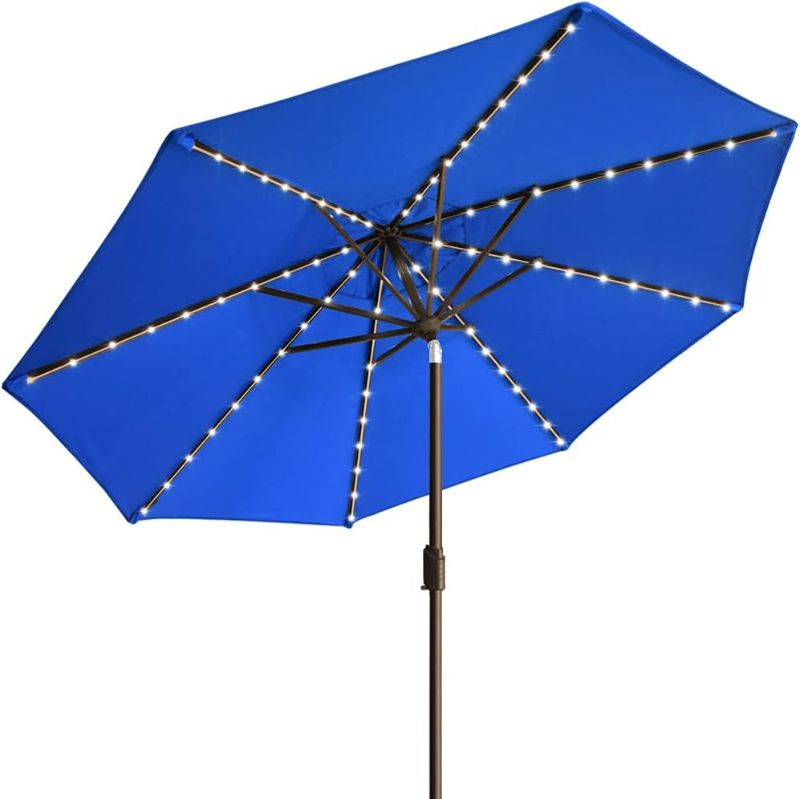 Photo 1 of EliteShade USA 10-Year-Non-Fading Sunumbrella Solar 9ft Market Umbrella with 80 LED Lights Patio Umbrellas Outdoor Table Umbrella with Ventilation, BLUE