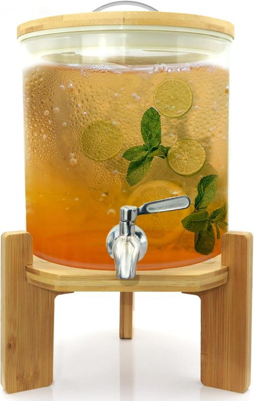 Photo 1 of Glass Drink Dispenser with Stand,1.5 Gallons Wood Stand Cold Beverage Dispensers,Glass Beverage Dispenser with Spigot - Large Drink Dispensers for Parties,Bars,Restaurants