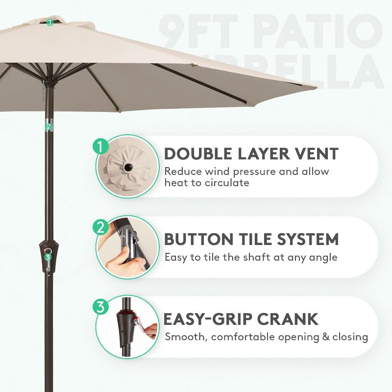 Photo 1 of JEAREY 9FT Outdoor Patio Umbrella Outdoor Table Umbrella with Push Button Tilt and Crank, Market Umbrella Sturdy Ribs UV Protection Waterproof for Garden, Deck, Backyard, Pool (Beige)