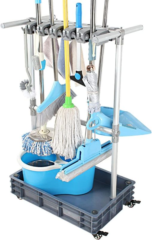 Photo 1 of QTJH Broom and Mop Holder Put Wet Mops Movable Floor-Mounted Mop Rack Floor Standing Cleaning Tool Cart Storage 