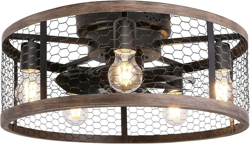 Photo 1 of  Flush Mount Caged Ceiling Fan with Lights Remote Control, Farmhouse Rustic Low Profile Small Vintage Enclosed Ceiling Fan Lighting Fixture Bedroom Dining Room