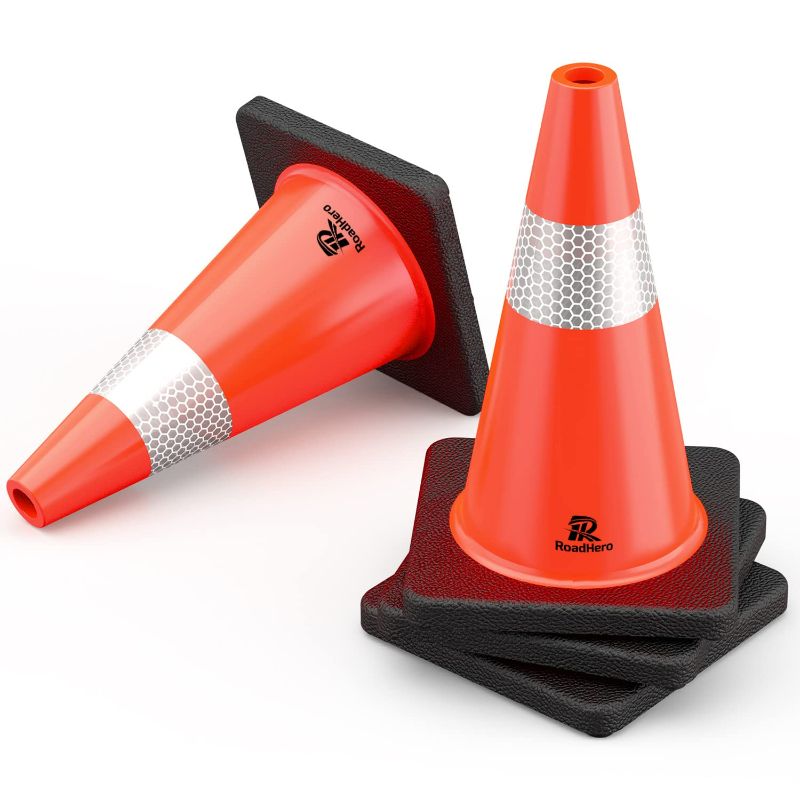 Photo 1 of RoadHero (4 Pack) Traffic Safety Cones Black Weighted Base, Plastic PVC Cone, Orange Cones with Reflective Collar, Cones for Parking Lot, Construction Events, Road Safety