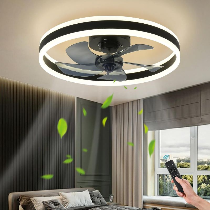 Photo 1 of AHAWILL Fandelier Ceiling Fans with Lights and Remote,Modern Flush Mount Ceiling Fan with Light 6 Speeds Timing,Low Profile Ceiling Fans for Bedroom,Study,Dining Room(Black)