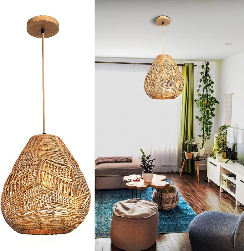 Photo 1 of FRIDEKO HOME Pendant Lights - Rattan Hanging Lamp Adjustable Rattan Chandelier Hanging Light Boho Light Fixture for Farmhouse Kitchen Island Bedroom Living Room Dining Room