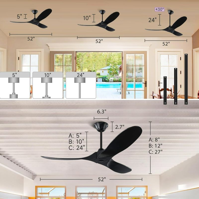 Photo 2 of Black Ceiling Fan No Light 52" Wood Ceiling Fan with Remote, Outdoor Ceiling Fan for Patio (3Pack)