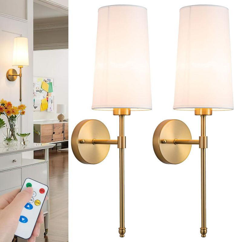 Photo 1 of Battery Operated Wall Sconce Light with Remote Control, Dimmable Wall Sconce Set of 2 with White Fabric Shade, Indoor Wireless Battery Operated Wall Lamp Light For Bedroom Living Room, Bulb Included