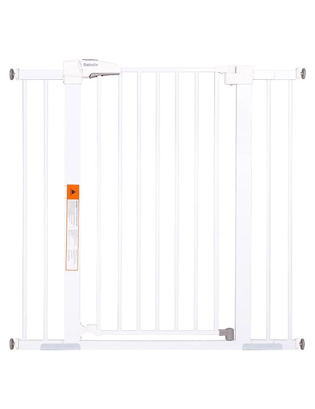 Photo 1 of BABELIO Extra Tall Dog Gate, Auto Close Baby Gate, Pressure Mounted Metal Pet Gate, Easy Install No Drilling, No Tools Required, with Wall Protectors and Extenders (White)