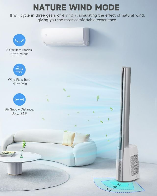 Photo 2 of  Bladeless Tower Fan for Home with Remote Control, Quiet 120° Oscillating Fan with 3 Modes 12 Wind Speeds,12H Timer, Standing Fan with HEPA Filter 99.97% Smoke Dust for Bedroom Office
