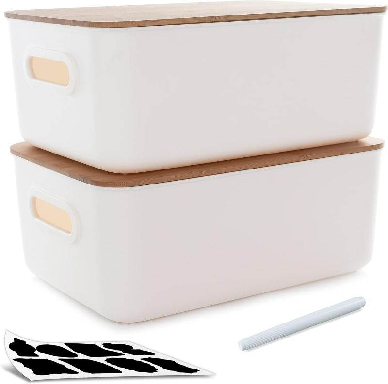 Photo 1 of Citylife 2 PCS Storage Bins with Bamboo Lids Plastic Storage Containers for Organizing Stackable Storage