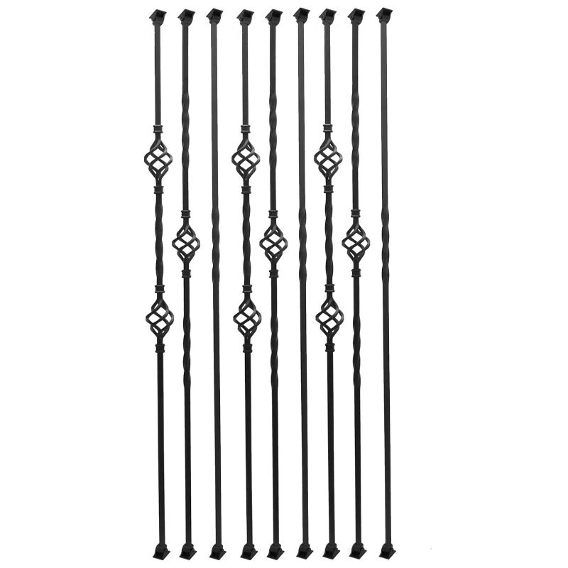 Photo 1 of Sidasu Wrought Iron Balusters Set of 9 Hollow Double Basket Iron Spindles Hollow Single Basket Stair Spindles Single Twist 1/2" Square Metal Balusters with Iron Baluster 