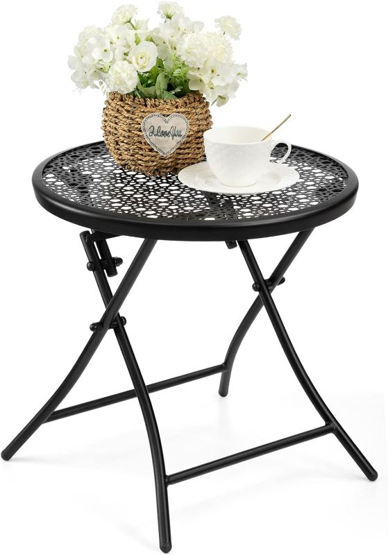 Photo 1 of TeoKJ Folding Outdoor Side Tables, Anti Rust Small Patio Table Round Metal End Table with Flower Cutouts for Porch Yard Balcony Deck Lawn, Black