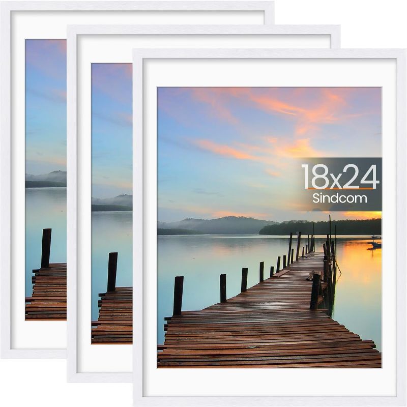 Photo 1 of Sindcom 18x24 Poster Frame 3 Pack, Picture Frames with Detachable Mat for 16x20 Prints, Horizontal and Vertical Hanging Hooks for Wall Mounting, White Photo Frame for Gallery Home Décor