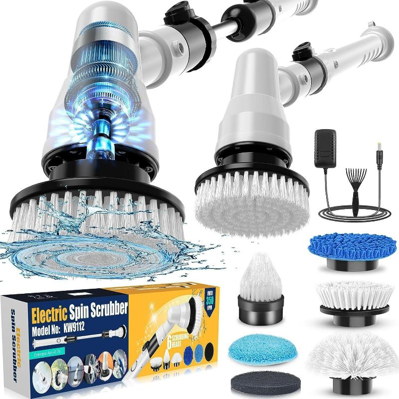 Photo 1 of Electric Spin Scrubber, 2024 New Cordless Cleaning Brush with Long Handle & 6 Replaceable Brush Heads and Adapter, 1.5 H Rechargeable Power Shower Scrubber for Bathroom, Tub, Tile, Floor