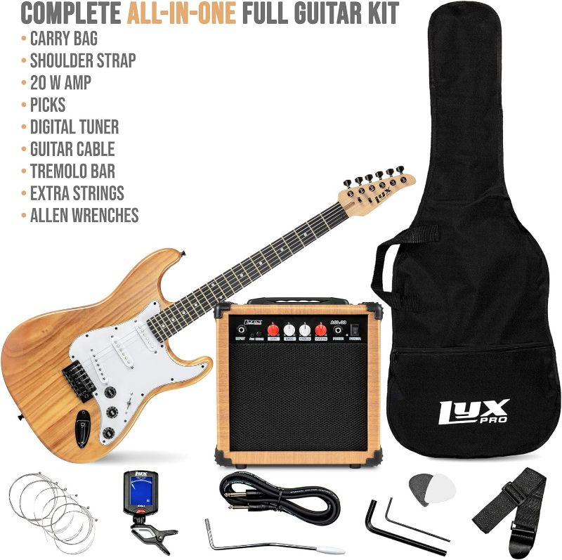 Photo 1 of LyxPro Electric Guitar 39" inch Full Beginner Starter kit Full Size with 20w Amp, Package Includes All Accessories, Digital Tuner, Strings, Picks, Tremolo Bar, Shoulder Strap, and Case Bag - Natural 