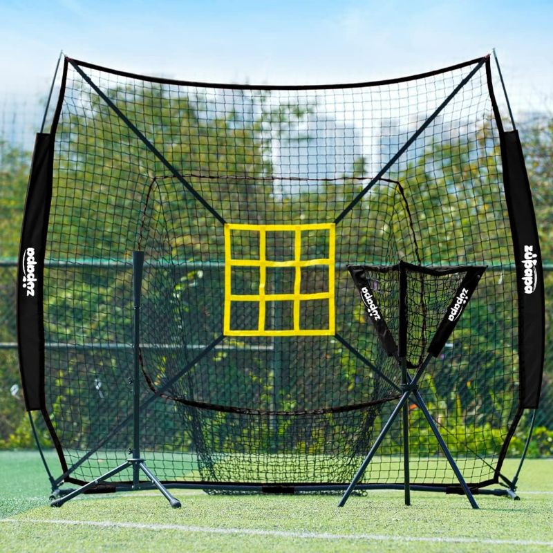 Photo 1 of Zupapa 7x7 Feet Baseball Softball Hitting Pitching Net Tee Caddy Set with Strike Zone, Baseball Backstop Practice Net for Pitching Batting Catching for All Skill Levels