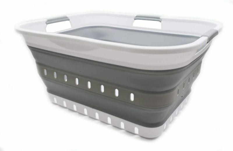 Photo 1 of SAMMART 42L (11 gallon) Collapsible Plastic Laundry Basket - Foldable Pop Up Storage Container/Organizer - Portable Washing Tub - Space Saving Hamper/Basket (1, White/Grey)