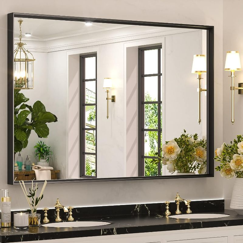 Photo 1 of Keonjinn Black Framed Mirror for Bathroom 40 x 30 Inch Rectangular Wall Mirror for Bathroom Metal Frame Farmhouse Black Mirror Large Decorative Square Corner Rectangle Mirror(Horizontal/Vertica