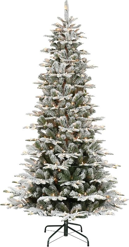 Photo 1 of Puleo International 7.5 Foot Pre-Lit Slim Flocked Aspen Fir Artificial Christmas Tree with 450 Clear Lights