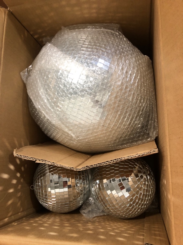 Photo 2 of 8 Pcs Large Disco Ball Set Silver Mirror Disco Balls Reflective Ball with Hanging Ring Party Hanging Ornament Decoration for Stage Club Ballroom Dance Hall Wedding Prom Props