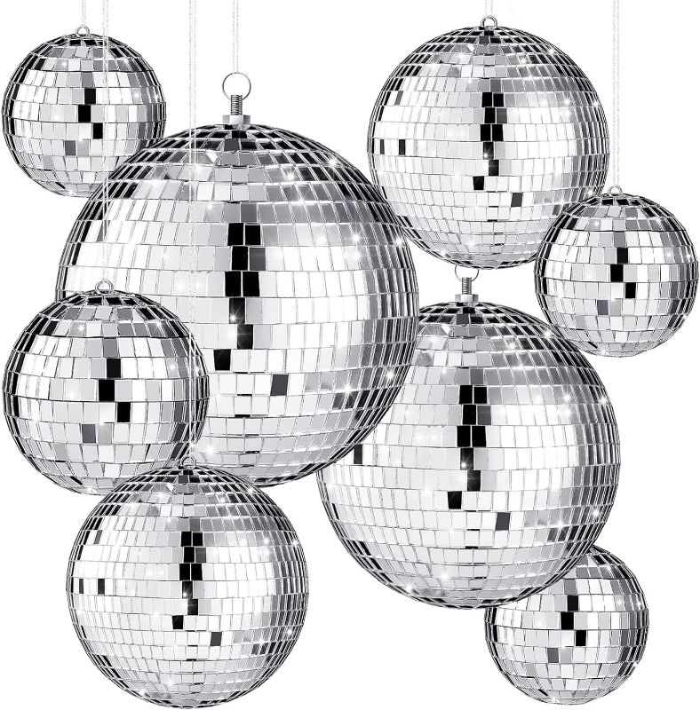 Photo 1 of 8 Pcs Large Disco Ball Set Silver Mirror Disco Balls Reflective Ball with Hanging Ring Party Hanging Ornament Decoration for Stage Club Ballroom Dance Hall Wedding Prom Props