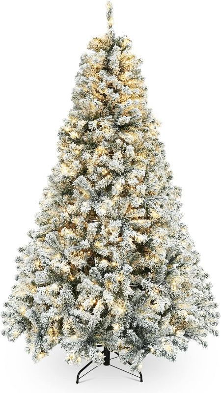 Photo 1 of 7.5ft Pre-Lit Snow Flocked Artificial Christmas Pine Tree with ELD Lights and Metal Base Stand for Home, Office, Party,Xmas Decoration,White