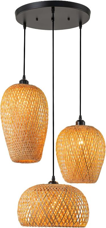 Photo 1 of  Rattan Pendant Light Bamboo Hanging Light 3-Lights Boho Pendant Light Fixture Woven Basket Wicker Shade Rattan Chandelier for Living Room Dining Room Kitchen