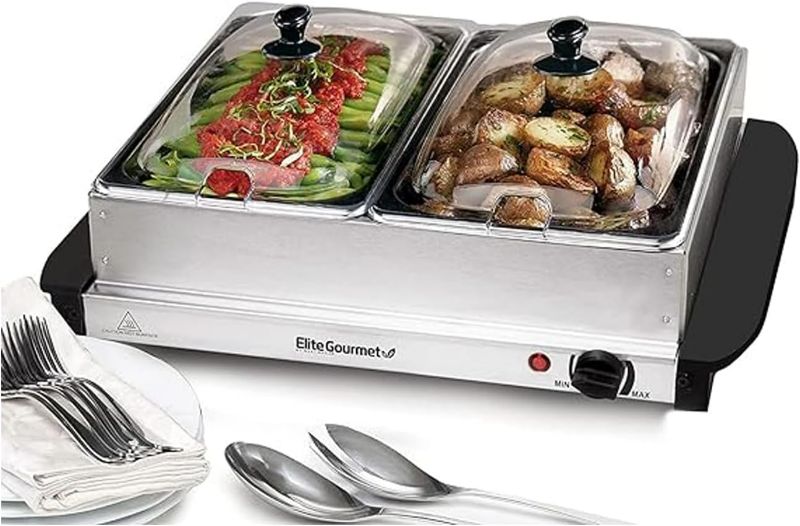 Photo 1 of Elite Gourmet EWM-6122 Dual 2 x 2.5 Qt. Trays, Buffet Server, Food Warmer Temperature Control, Clear Slotted Lids, Perfect for Parties, Entertaining & Holidays, 5 Qt Total, Stainless Steel
