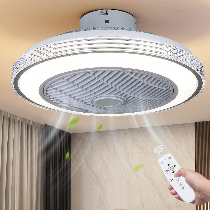 Photo 1 of MADSHNE 20" Modern Low Profile Ceiling Fans with Lights and Remote, Flush Mount Bladeless Ceiling Fans with Dimmable LED, Small White Enclosed Bedroom Ceiling Fans