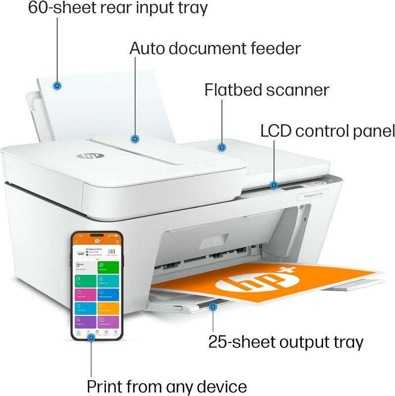 Photo 1 of HP DeskJet 4155e Wireless Color Inkjet Printer, Print, scan, copy, Easy setup, Mobile printing, Best-for home, Instant Ink with HP+,white