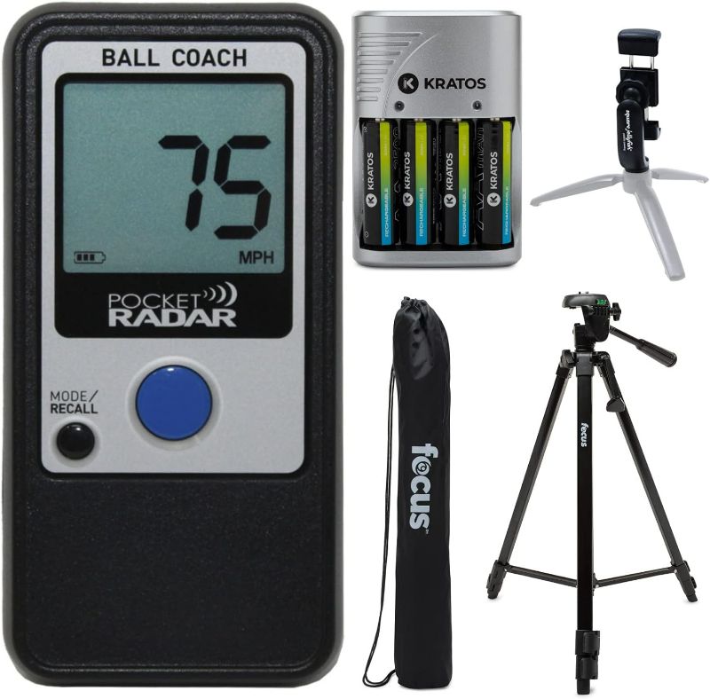 Photo 1 of Pocket Radar Ball Coach/Pro-Level Speed Training Tool and Radar Gun with 57-Inch Tripod, Pocket-Sized Spring Tripod Mount, Battery Charger Pack and Cleaning Cloth Bundle 