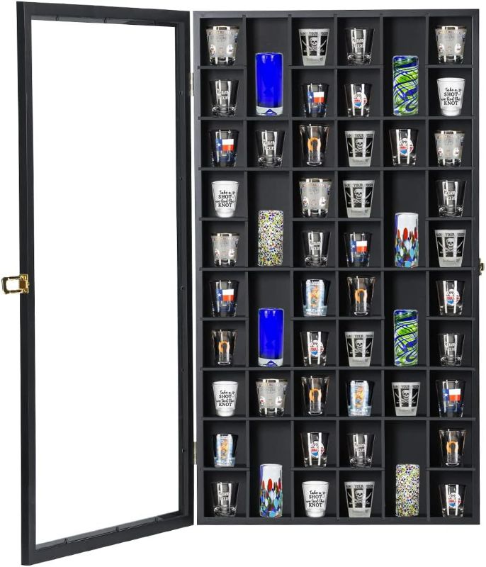 Photo 1 of Shot Glass Display Case Large Wooden Cabinet Rack Holder Wall Mounted Black Shadow Box Lockable with UV Protection Acrylic Glass Door Shot Glass Storage Case with Removable Shelves