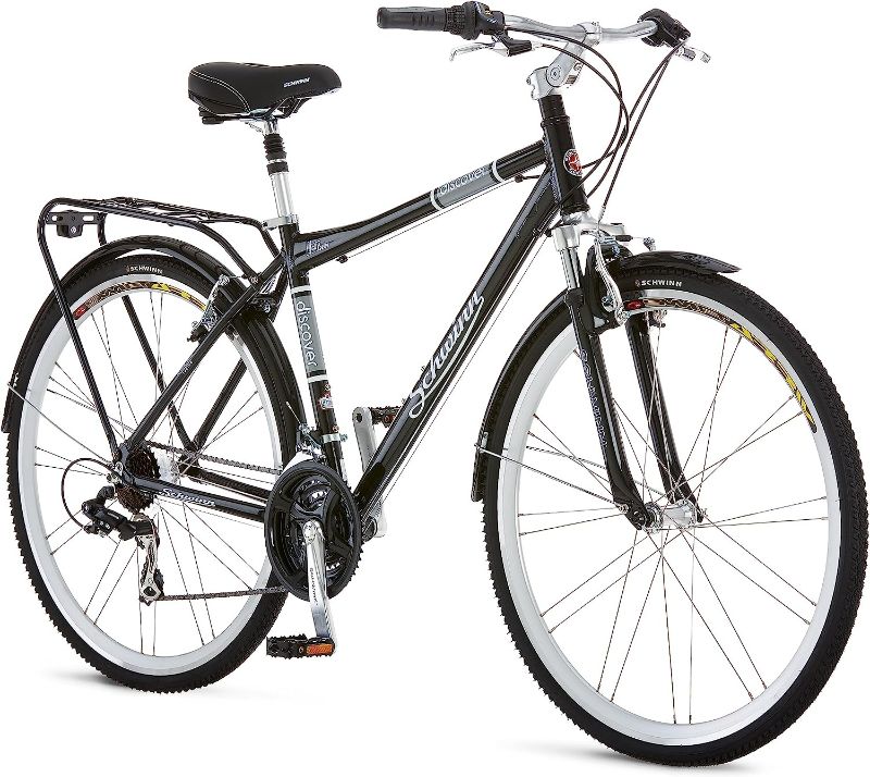 Photo 1 of Schwinn Discover Mens and Womens Hybrid Bike, 21 Speed, 28-Inch Wheels, Step-Through or Step-Over Frame, Front and Rear Fenders, Rear Cargo Rack