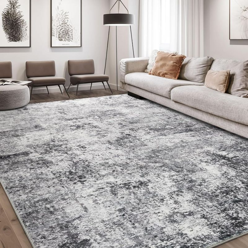 Photo 1 of Area Rug Living Room Rugs - 9x12 Large Soft Indoor Neutral Modern Abstract Low Pile Washable Rug Carpet for Bedroom Dining Room Farmhouse Home Office - Grey