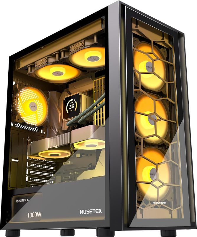 Photo 1 of MUSETEX ATX PC Case, 6 PWM ARGB Fans Pre-Installed, Computer Case with Double Tempered Glass, Mid Tower Gaming PC Case