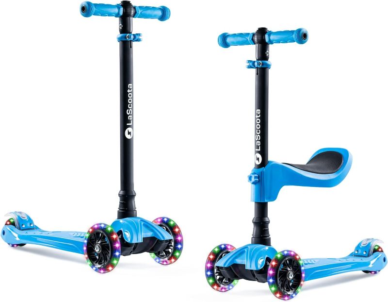 Photo 1 of LaScoota 2-in-1 Kids Kick Scooter, Adjustable Height Handlebars and Removable Seat, 3 LED Lighted Wheels and Anti-Slip Deck, for Boys & Girls Aged 3-12 and up to 100 Lbs.