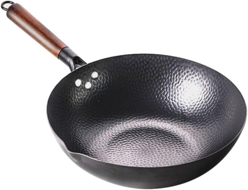 Photo 1 of Traditional Hand Hammered Carbon Steel Wok with Wooden Handle