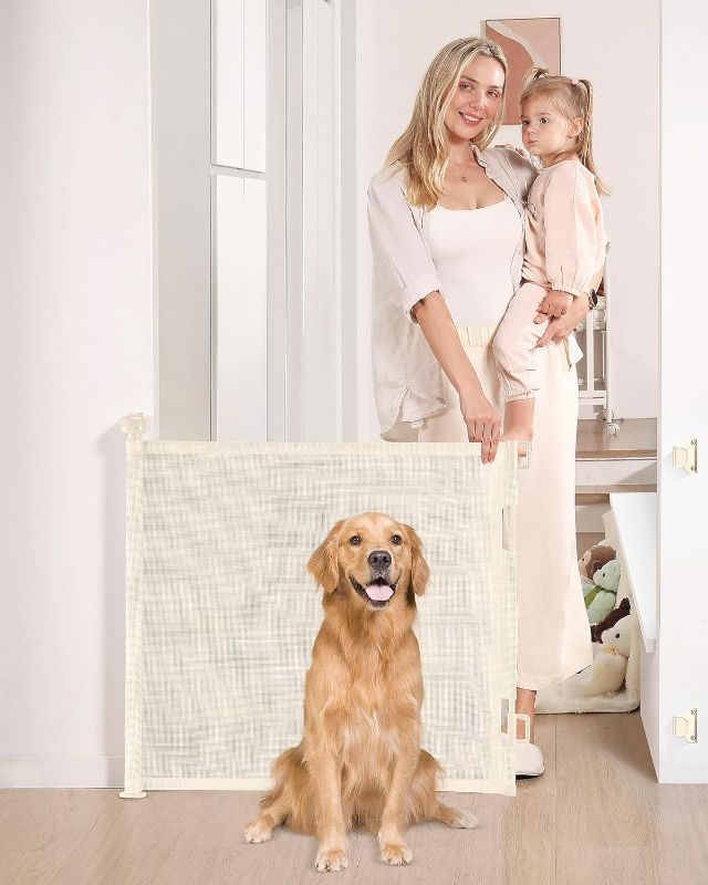 Photo 1 of Likzest Retractable Baby Gate, Mesh Baby and Pet Gate 33" Tall, Extends up to 55" Wide, Child Safety Baby Gates for Stairs Doorways Hallways, Dog Gate Cat Gate for Indoor and Outdoor (Beige)
