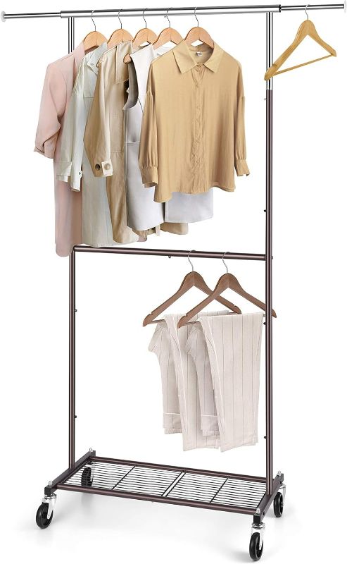 Photo 1 of Simple Trending Standard Clothing Garment Rack, Rolling Clothes Organizer with Wheels and Bottom Shelves, Extendable, Bronze