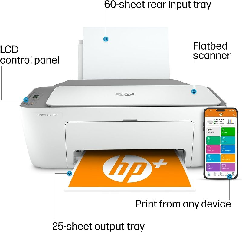 Photo 1 of HP DeskJet 2755e Wireless Color inkjet-printer, Print, scan, copy, Easy setup, Mobile printing, Best-for home, Instant Ink with HP+,white